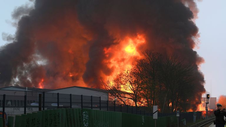 Huge flames rise from a fire in Hamburg. Pic: Reuters