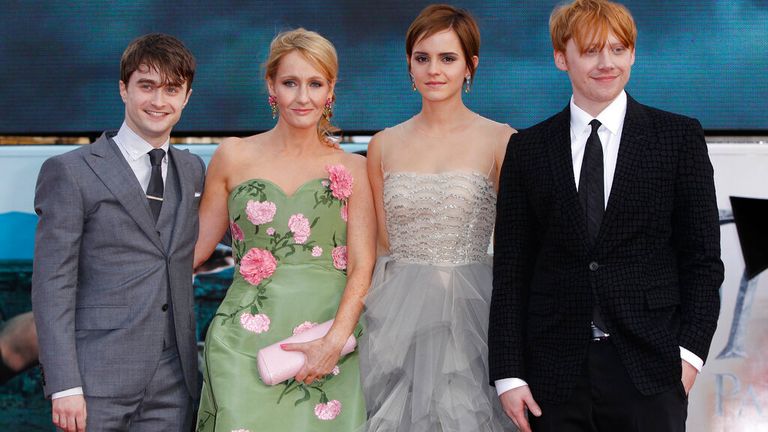 JK Rowling, second left, joins actors, left to right, Daniel Radcliffe, Emma Watson and Rupert Grint for the World Premiere of "Harry Potter and the Deathly Hallows: Part 2" in London in 2011 Pic: AP 