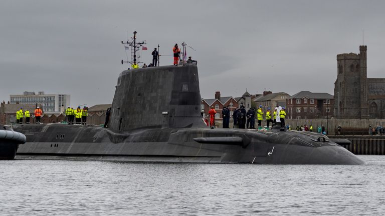 Handout photo issued by BAE Systems of HMS Anson, the fifth Astute class submarine, which BAE Systems has designed and built for the Royal Navy, as it departed the company&#39;s shipyard in Barrow-in-Furness, Cumbria, and headed out to open sea for the first time. Picture date: Sunday February 19, 2023.