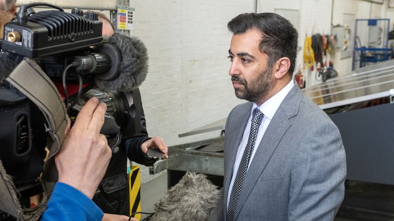 First Minister Humza Yousaf during a visit to tidal energy company Nova Innovation in Edinburgh, to preview a new floating solar panel installation which, when deployed, will be a first for Scotland. Picture date: Tuesday April 11, 2023.
