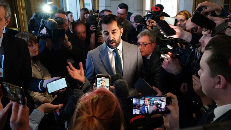 First Minister Humza Yousaf speaks to the media after First Minister&#39;s Questions (FMQs) in the Scottish Parliament in Edinburgh. Picture date: Thursday April 20, 2023.
