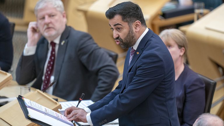 Scotland&#39;s First Minister Humza Yousaf during First Minster&#39;s Questions (FMQ&#39;s) at the Scottish Parliament in Holyrood, Edinburgh. Picture date: Thursday April 27, 2023.