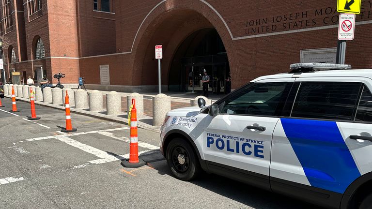 A federal police vehicle parked outside the U.S District Court in Boston, Massachusetts Pic: AP 