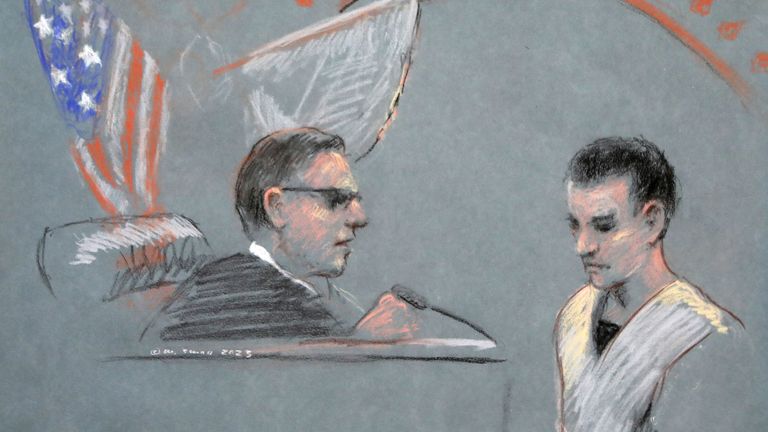 A court sketch of Jack Teixeira appearing before a federal judge in Boston, Massachusetts, on Friday Pic: REUTERS 