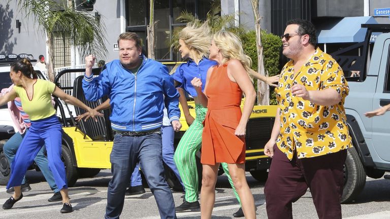 James Corden films segment for the final episode of The Late Late Show with Jane Krakowski and Josh Gad outside CBS studios in Los Angeles, California on April 14, 2023. Credit: BauerGriffin/MediaPunch /IPX