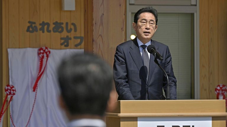 Japan&#39;s Prime Minister Fumio Kishida delivers a speech during an opening ceremony of Fukushima Institute for Research, Education and Innovation (F-REI) in Namie, Fukushima prefecture, Japan Saturday, April 1, 2023. (Kyodo News via AP)