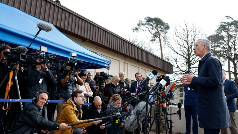 NATO Secretary-General Jens Stoltenberg speaks to the media as he visits Ramstein U.S. Air Base, Germany, April 21, 2023. REUTERS/Heiko Becker
