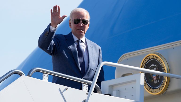 President Joe Biden boards Air Force One, Tuesday, April 11, 2023, at Andrews Air Force Base, Md. Biden is traveling the United Kingdom and Ireland in part to help celebrate the 25th anniversary of the Good Friday Agreement. (AP Photo/Patrick Semansky)