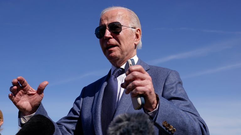 President Joe Biden talks with reporters before boarding Air Force One. Pic: AP