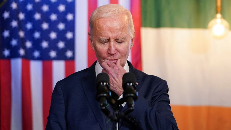 U.S. President Joe Biden speaks in a pub in Dundalk, Ireland, April 12, 2023. REUTERS/Kevin Lamarque
