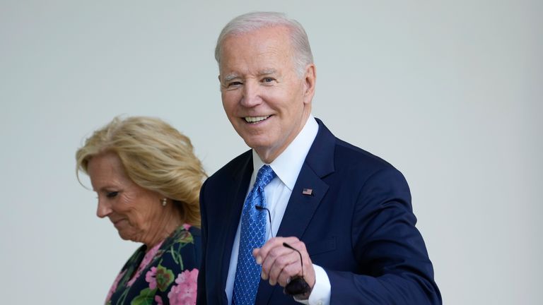 President Joe Biden and first lady Jill Biden walk back to the White House after speaking during a ceremony honoring the Council of Chief State School Officers&#39; 2023 Teachers of the Year in the Rose Garden, Monday, April 24, 2023 in Washington. (AP Photo/Andrew Harnik)