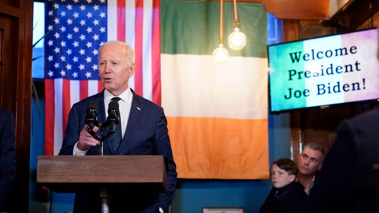 President Joe Biden speaks at the Windsor Bar and Restaurant in Dundalk, Ireland. Pic: AP