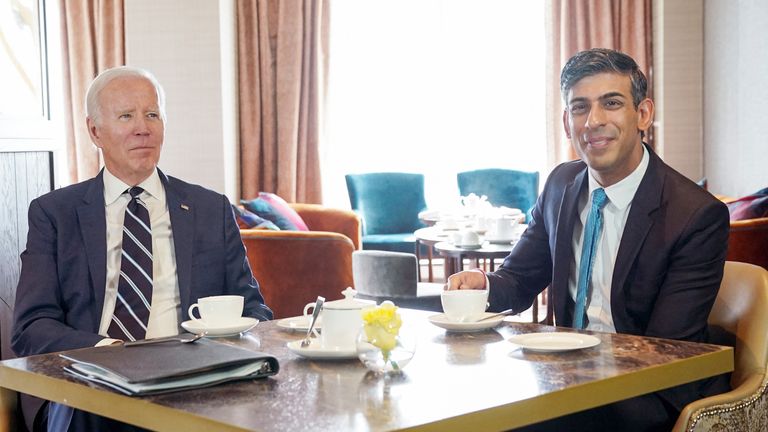 U.S. President Joe Biden meets British Prime Minister Rishi Sunak at the Grand Central Hotel, Belfast, Northern Ireland April 12, 2023. REUTERS/Kevin Lamarque
