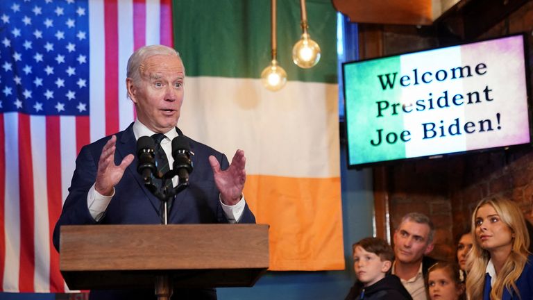 U.S. President Joe Biden speaks in a pub in Dundalk, Ireland, April 12, 2023. REUTERS/Kevin Lamarque
