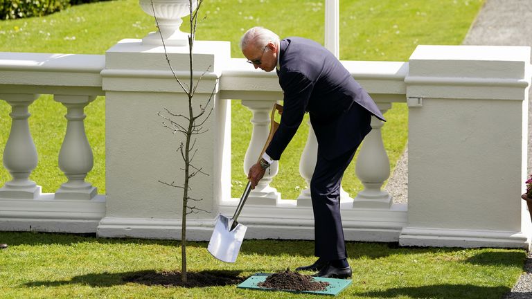Joe Biden participates in a tree planting ceremony, as he meets with Irish President Michael Higgins 