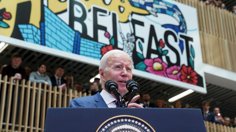 U.S. President Joe Biden speaks during the 25th anniversary of the Belfast/Good Friday Agreement, at Ulster University, Belfast, Northern Ireland April 12, 2023. REUTERS/Kevin Lamarque
