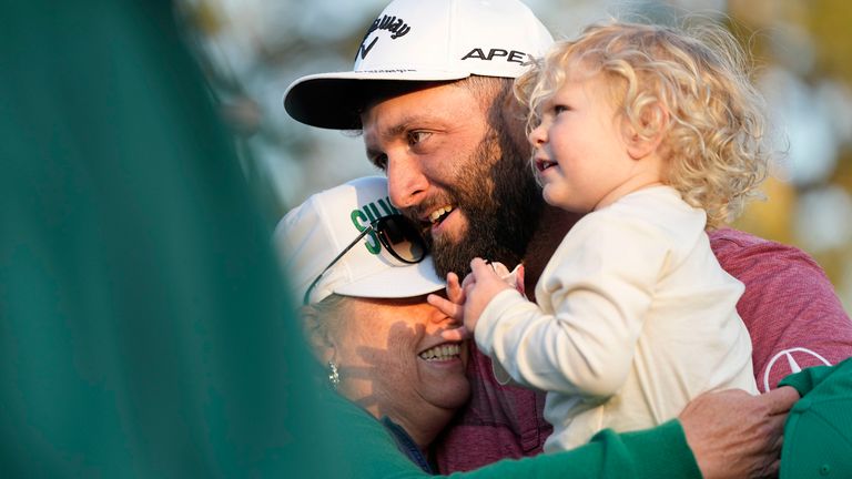 Jon Rahm, of Spain, celebrates winning the Masters golf tournament at Augusta National Golf Club on Sunday, April 9, 2023, in Augusta, Ga. (AP Photo/David J. Phillip)