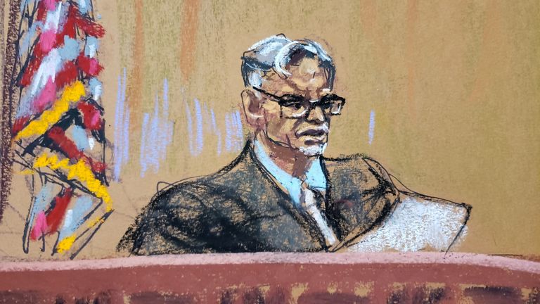 Judge Juan Merchan re-reads counts in the charge as requested by a note from the jury during deliberations in the Trump Organization&#39;s criminal tax trial in Manhattan Criminal Court, New York City, U.S., December 6, 2022, in this courtroom sketch. REUTERS/Jane Rosenberg