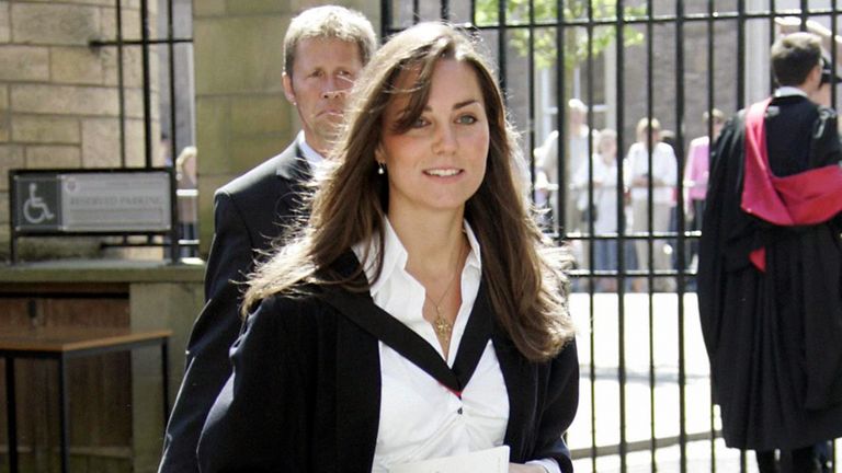 Kate Middleton, girlfriend of Prince William, during their graduation ceremony. William got a 2:1 in geography after four years studying for his Master of Arts.