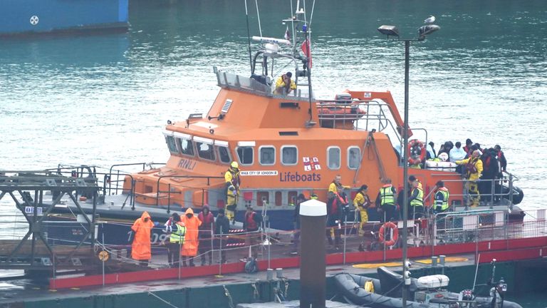 A group of people thought to be migrants are brought in to Dover, Kent, from the RNLI Dover Lifeboat following a small boat incident in the Channel. Picture date: Thursday April 6, 2023.