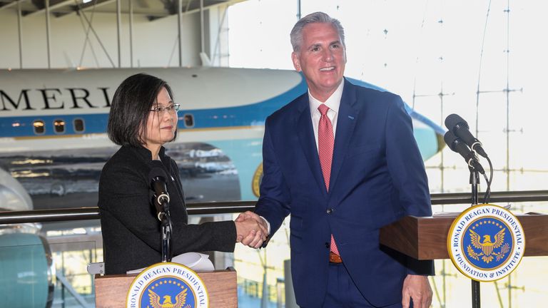 House Speaker Kevin McCarthy shakes hands with Taiwanese President Tsai Ing-wen. Pic: AP
