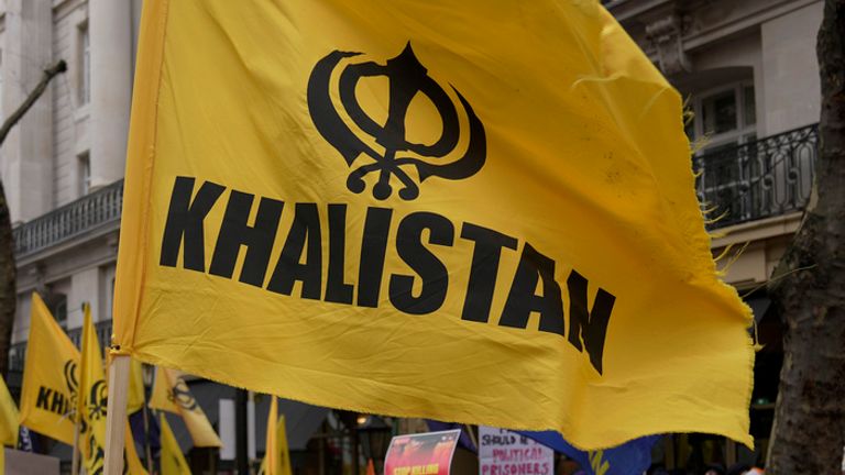 Protestors of the Khalistan movement demonstrate outside of the Indian High Commission in London, Wednesday, March 22, 2023.(AP Photo/Kin Cheung)
