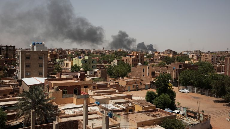 Smoke is seen in Khartoum, Sudan, Saturday, April 22, 2023. The fighting in the capital between the Sudanese Army and Rapid Support Forces resumed after an internationally brokered cease-fire failed. (AP Photo/Marwan Ali)