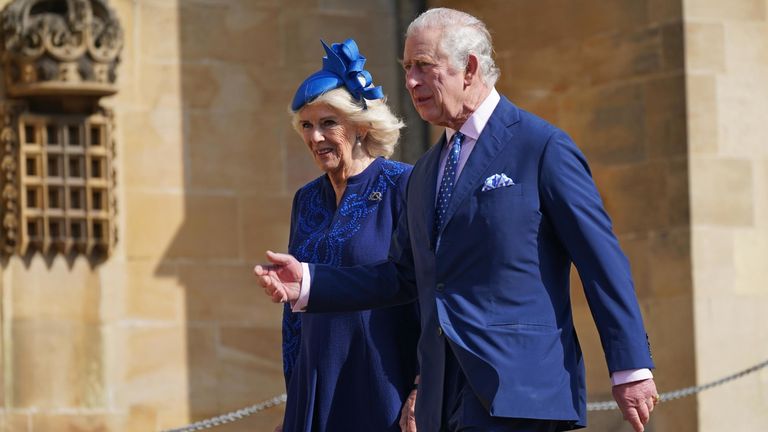 King Charles and the Queen Consort attending an Easter service at St George&#39;s Chapel in Windsor