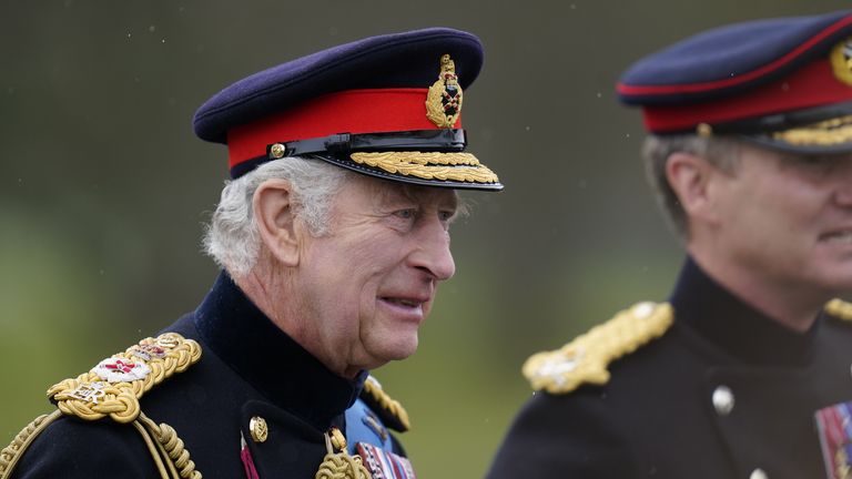 King Charles III inspects Officer Cadets on parade during the 200th Sovereign&#39;s Parade at the Royal Military Academy Sandhurst (RMAS) in Camberley, Surrey. Picture date: Friday April 14, 2023.
