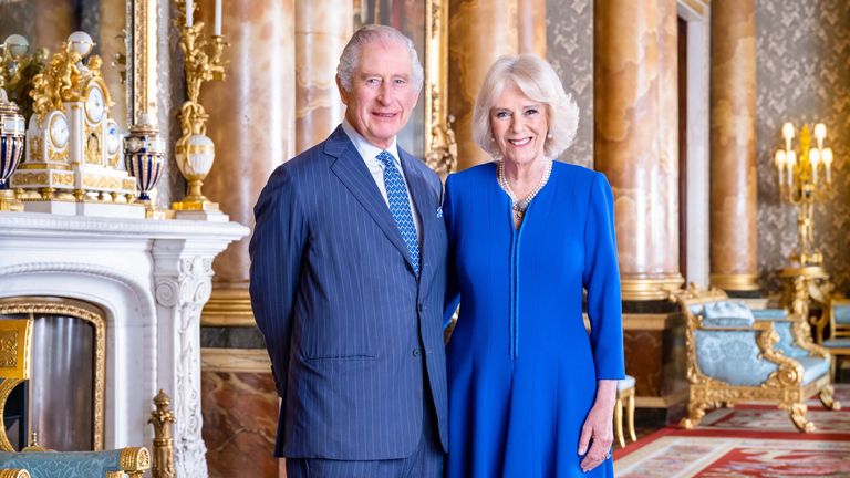 King Charles III and the Queen Consort taken by Hugo Burnand in the Blue Drawing Room at Buckingham Palace, London
Pic:Hugo Burnand