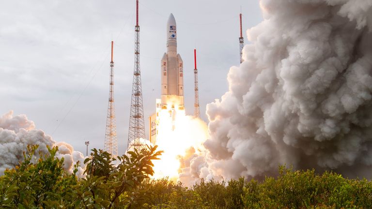 Juice, (Jupiter Icy Moons Explorer), blasting off on an Ariane 5 rocket from the European spaceport in Kourou, French Guiana
