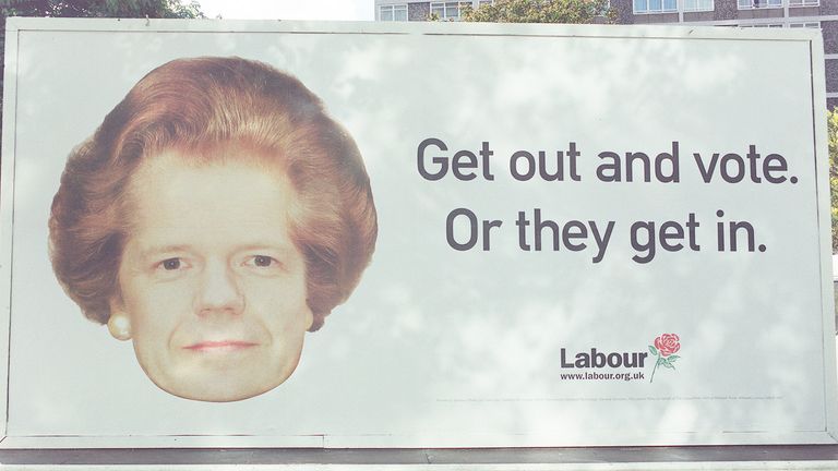 Labour&#39;s latest election poster behind Millbank Tower in London. The poster depicts Tory leader William Hague&#39;s face, with the hair style of former Tory Premier, Margaret Thatcher.