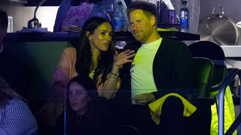 Prince Harry and Meghan Markle attend the Los Angeles Lakers&#39; Game 4 of a first-round NBA basketball playoff series against the Memphis Grizzlies Monday, April 24, 2023, in Los Angeles. (AP Photo/Jae C. Hong)