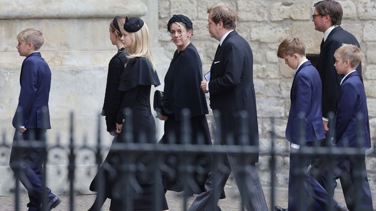 Children of the Queen Consort, Laura Lopes (centre) and Tom Parker Bowles arrive with their family at Westminster Abbeyahead of The State funeral of Queen Elizabeth II on September 19, 2022 in London, England. Elizabeth Alexandra Mary Windsor was born in Bruton Street, Mayfair, London on 21 April 1926. She married Prince Philip in 1947 and ascended the throne of the United Kingdom and Commonwealth on 6 February 1952 after the death of her Father, King George VI. Queen Elizabeth II died at Balmor