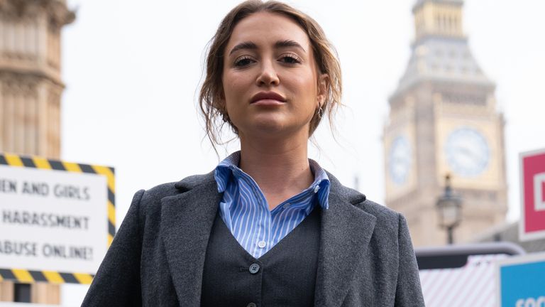 ‘Love Island’ contestant, Georgia Harrison, who was a victim of revenge porn, at a demonstration organised by Refuge outside the Houses of Parliament, Westminster, calling for a violence against women and girls code of practice to be added to the Online Safety Bill "to ensure social media companies respond to and prevent online violence" against this group. Picture date: Wednesday April 19, 2023.
