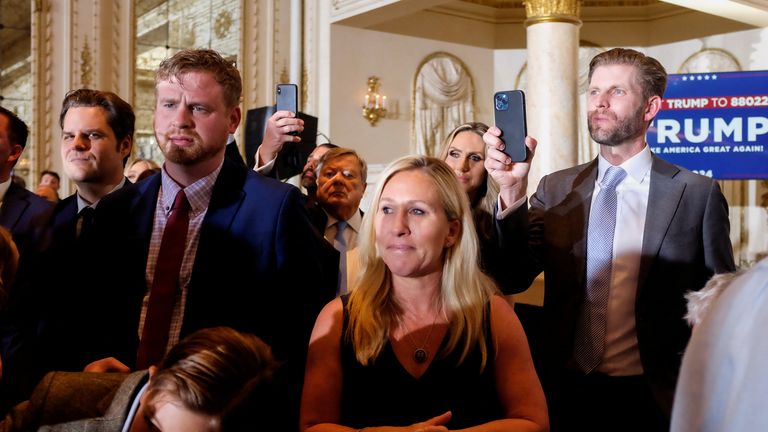 U.S. Rep Matt Gaetz (R-FL), U.S. Rep. Marjorie Taylor Greene (R-GA) and Eric Trump, former U.S. President Donald Trump&#39;s son attend an event on the day of Donald Trump&#39;s court appearance in New York after being indicted by a Manhattan grand jury following a probe into hush money paid to porn star Stormy Daniels, in Palm Beach, Florida, U.S., April 4, 2023. REUTERS/Marco Bello
