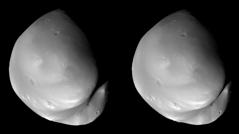 Images of Mars’ moon Deimos from  The Emirates Mars Mission (EMM), the first interplanetary exploration undertaken by an Arab nation, following a fly-by on March 10 2023.

