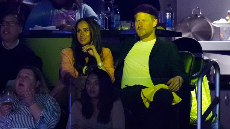 Prince Harry and Meghan Markle attend the Los Angeles Lakers&#39; Game 4 of a first-round NBA basketball playoff series against the Memphis Grizzlies Monday, April 24, 2023, in Los Angeles. (AP Photo/Jae C. Hong)