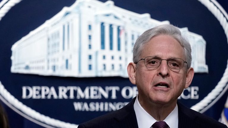 Attorney General Merrick Garland speaks during a news conference at the Justice Department in Washington, Friday, April 14, 2023. The Justice Department has charged 28 members of Mexico...s powerful Sinaloa cartel, including sons of notorious drug lord Joaquin ...El Chapo... Guzman, in a sprawling fentanyl-trafficking investigation. (AP Photo/Susan Walsh)