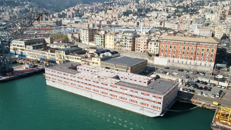 Bibby Stockholm docked in Genoa port