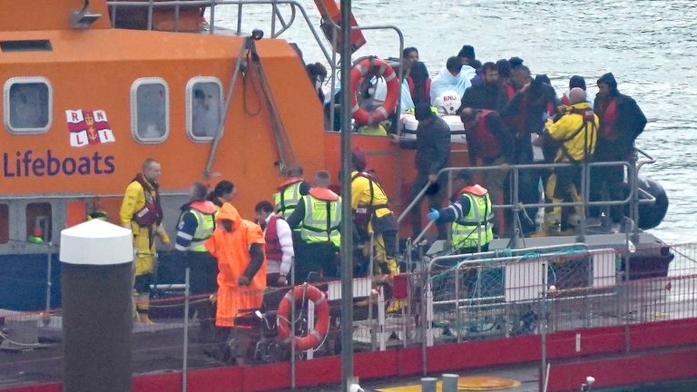 A group of people thought to be migrants are brought in to Dover, Kent, from the RNLI Dover Lifeboat following a small boat incident in the Channel. Picture date: Thursday April 6, 2023.
