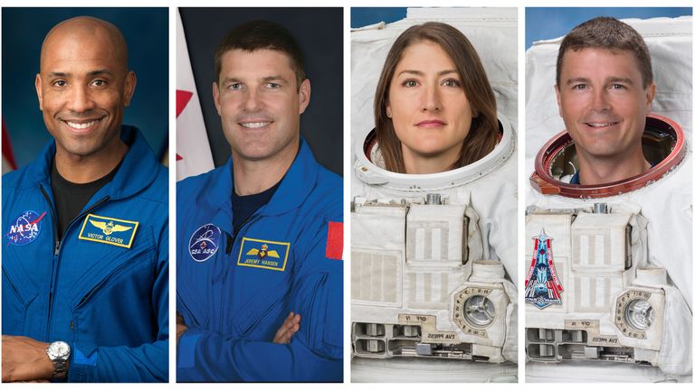 This combination of photos shows, from left, astronauts Victor Glover, Jeremy Hansen, Christina Koch, and Reid Wiseman. On Monday, April 3, 2023, NASA announced the three Americans and one Canadian as the crew who will be the first to fly the Orion capsule, launching atop a Space Launch System rocket from Kennedy Space Center no earlier than late 2024. (NASA, CSA via AP)