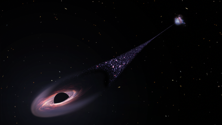 An artist&#39;s impression of a runaway supermassive black hole that was ejected from its host galaxy. Pic: NASA/ESA/Leah Hustak 
