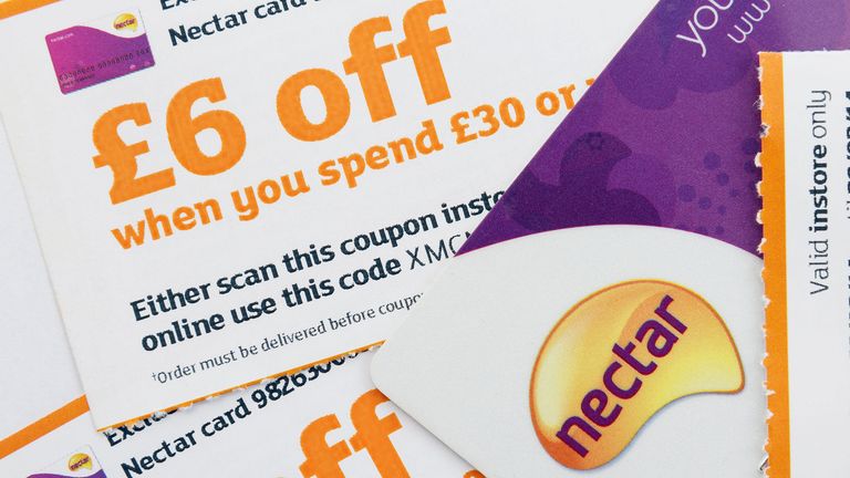 Nectar card with £6 money off vouchers when spending in a Sainsbury&#39;s supermarket store. England, UK, Britain

