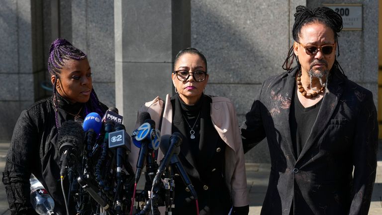 Kathryn Townsend Griffin, center, daughter of singer and songwriter Ed Townsend, speaks outside New York Federal Court before the start of the trial. Pic: AP