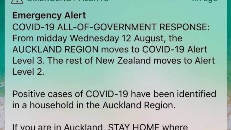 An example of a New Zealand emergency alert sent out during the pandemic