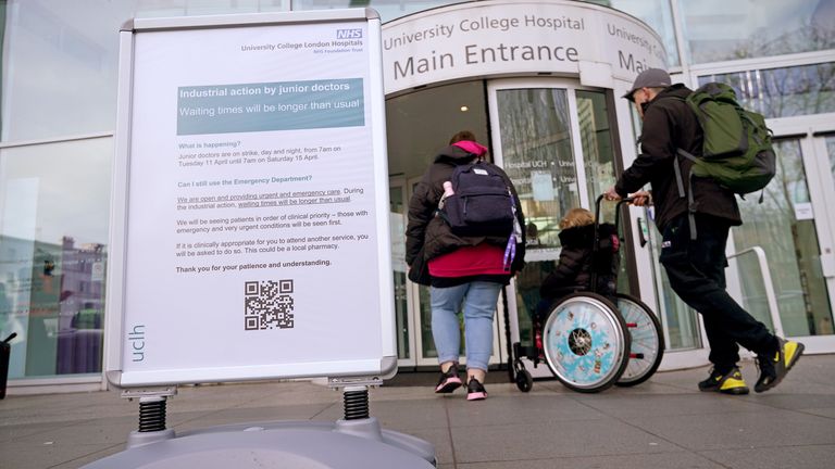A sign outside the main entrance advises visitors of strike action by NHS junior doctors at University College Hospital in London, on day two of the British Medical Association&#39;s 96-hour walkout in a dispute over pay. Picture date: Wednesday April 12, 2023.