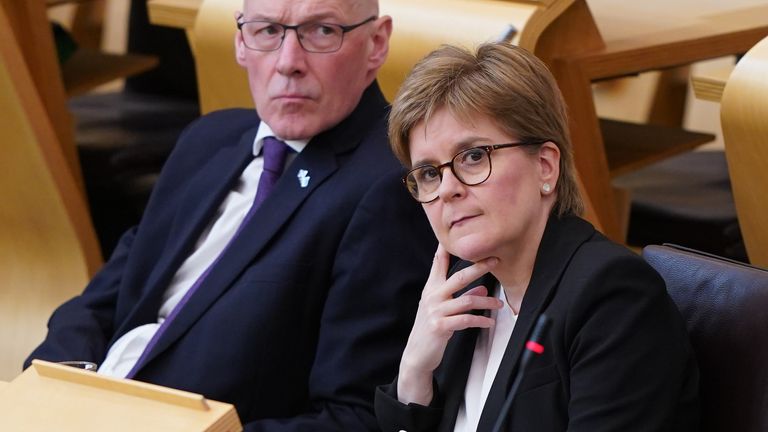 Former Scottish first minister Nicola Sturgeon in the main chamber of the Scottish Parliament in Edinburgh. Her husband, former chief executive of the SNP Peter Murrell was arrested earlier this month by police investigating the SNPs finances, and questioned for more than 11 hours before being released pending further investigation. Picture date: Tuesday April 25, 2023.
