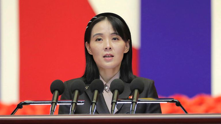 Kim Yo Jong seen giving a speech in Pyongyang last year in a picture released by the North Korean government Pic: AP 