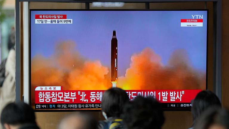 South Korean TV news coverage of North Korea&#39;s missile launch with file footage. Pic: AP